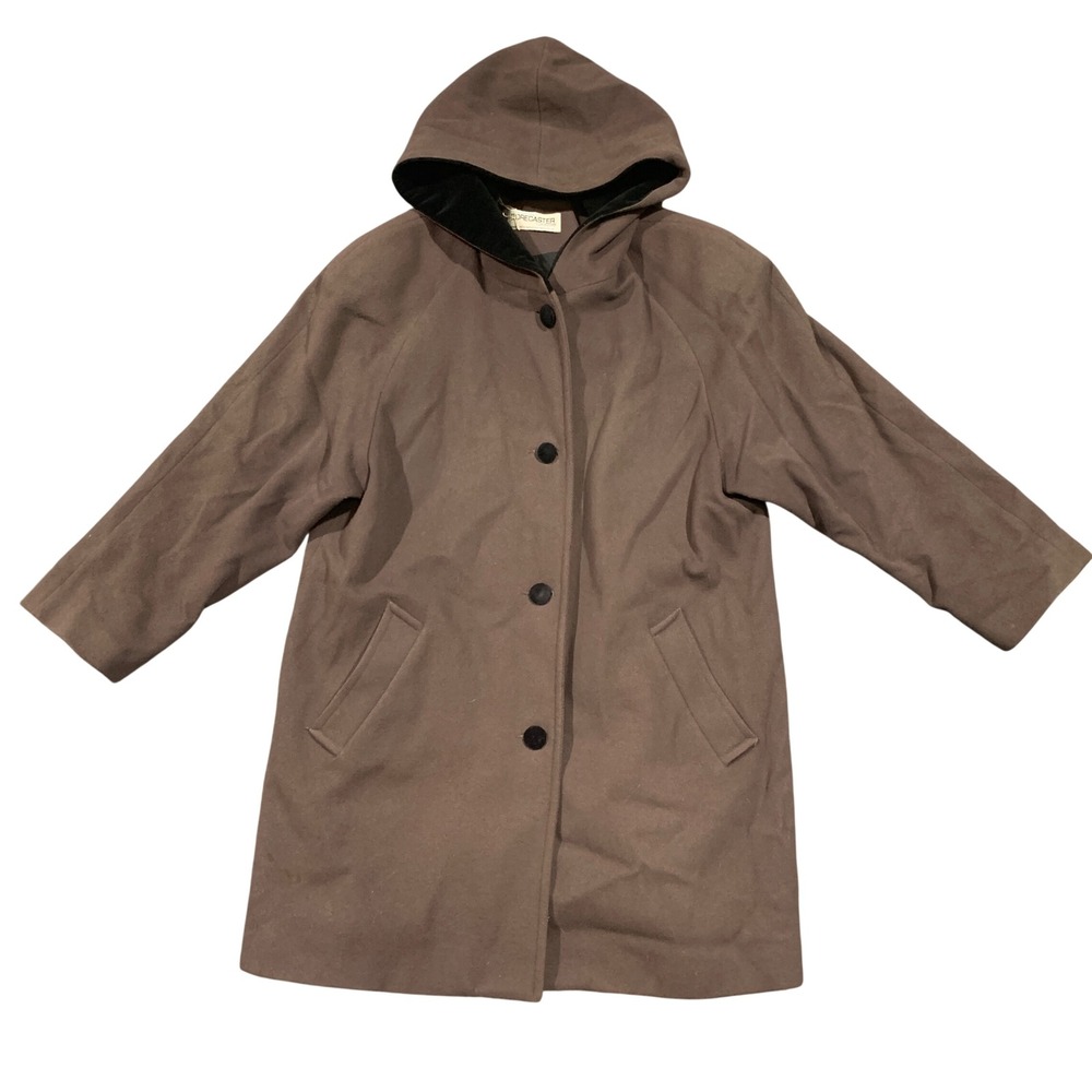 Vintage Women's Size 12‎ 100% Wool Hooded Coat Button Up Lined Chocolate Brown *